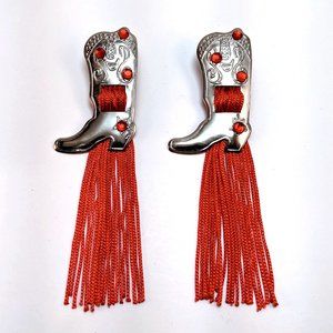 Handmade Cowboy Boot Earrings Red Fringe Rhinestone Silver Western Cowgirl Glam